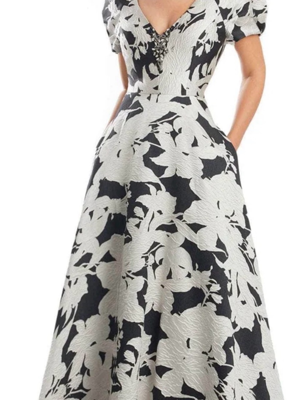V-Neck Black and White Floral Maxi Dress